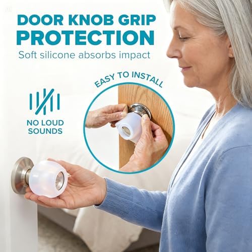 Silicone door knob cover cushioning the knob against the wall